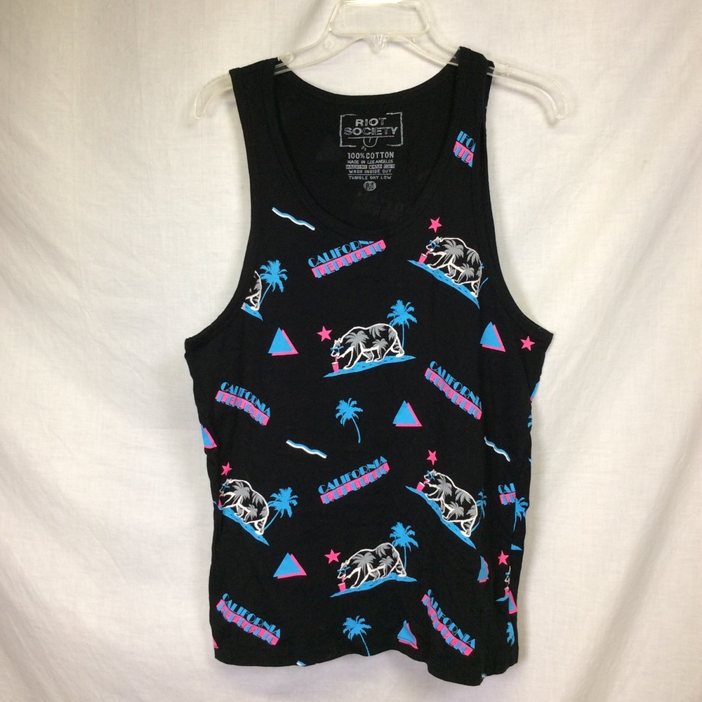 Riot Society Men’s Black Neon Hot Pink Bear Palm Trees Graphics Tank Top SzM